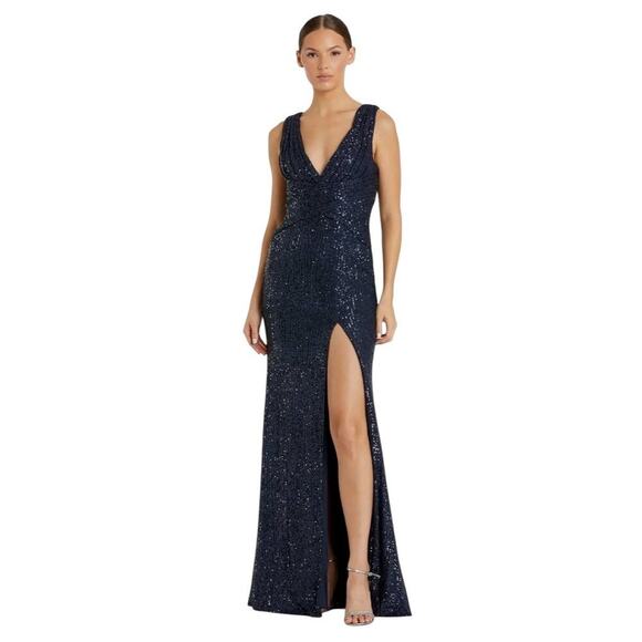 Mac Duggal Dresses & Skirts - Mac Duggal 265597 Midnight Blue Sequins High Slit Maxi Size 14 $398